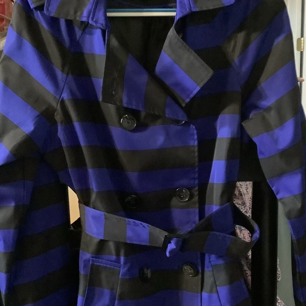 Cynthia Rowley Double‎ breasted Black and Blue Striped Trench Coat, L